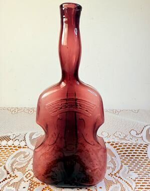 Unmarked Purple Amethyst Glass Violin Decorative Bottle 10 in Music Theme